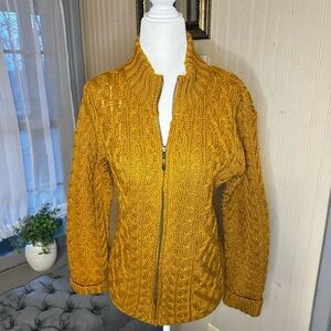Inis Crafts Women’s 100% Merino Wool Irish Cable Knit Zip Sweater Mustard